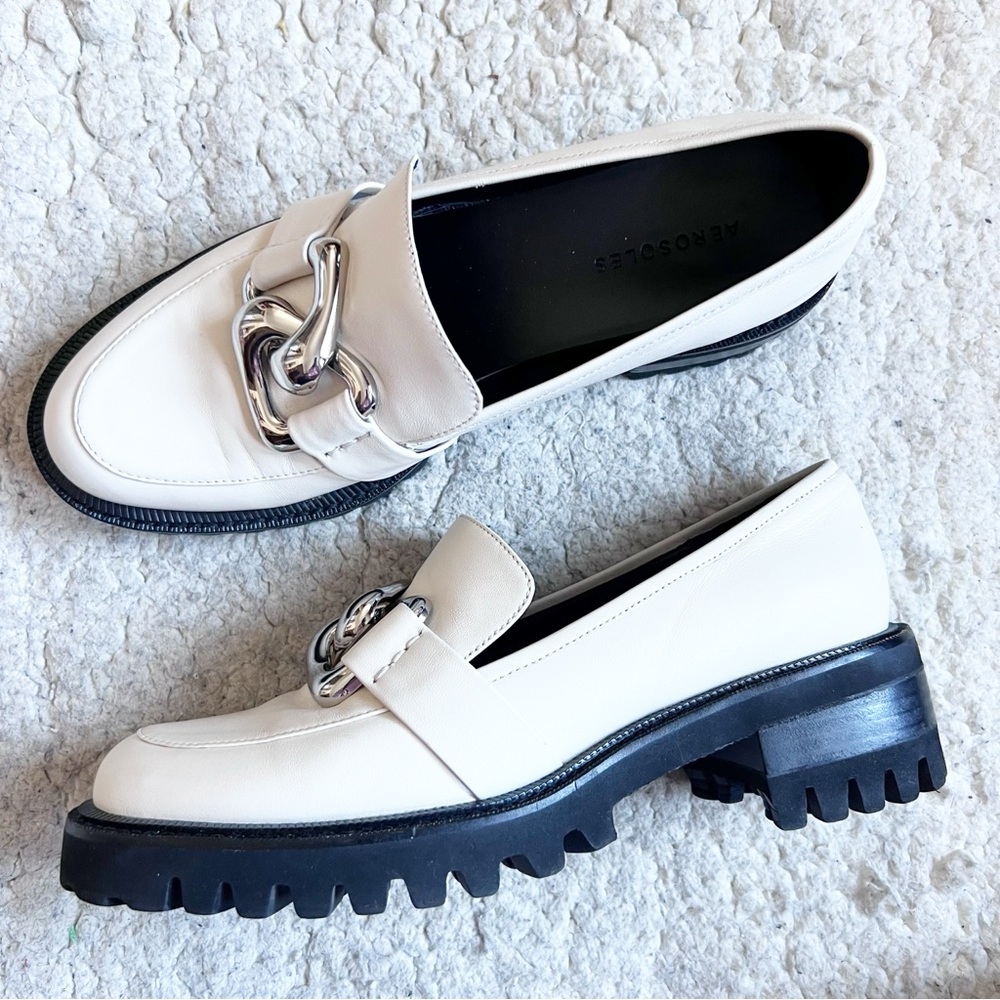 Aerosoles Lilia Cream Leather Loafers Silver Chain Chunky Lug Sole Slip On Sz 9M